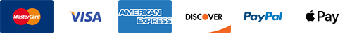 We Accept Visa, Mastercard, American Express, Discover, PayPal, and Apple Pay